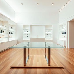 A close-up view of a minimalist interior of a perfume store featuring clean lines and a bright, airy atmosphere