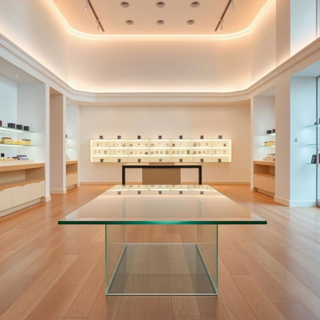 A close-up view of a minimalist interior of a perfume store featuring clean lines and a bright, airy atmosphere