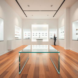 A close-up view of a minimalist interior of a perfume store featuring clean lines and a bright, airy atmosphere