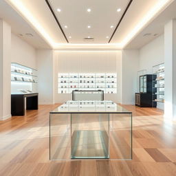 A close-up view of a minimalist interior of a perfume store featuring clean lines and a bright, airy atmosphere
