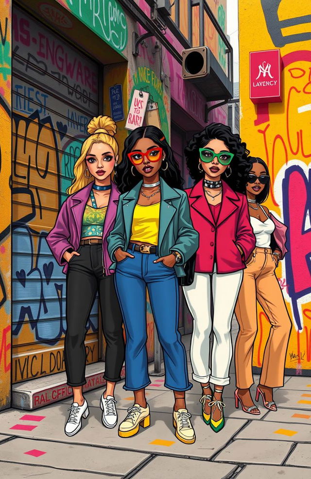 A vibrant street art scene featuring cartoon-style illustrations of fashionable young women from affluent backgrounds