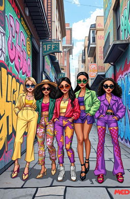 A vibrant street art scene featuring cartoon-style illustrations of fashionable young women from affluent backgrounds