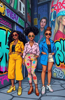 A vibrant street art scene featuring cartoon-style illustrations of fashionable young women from affluent backgrounds