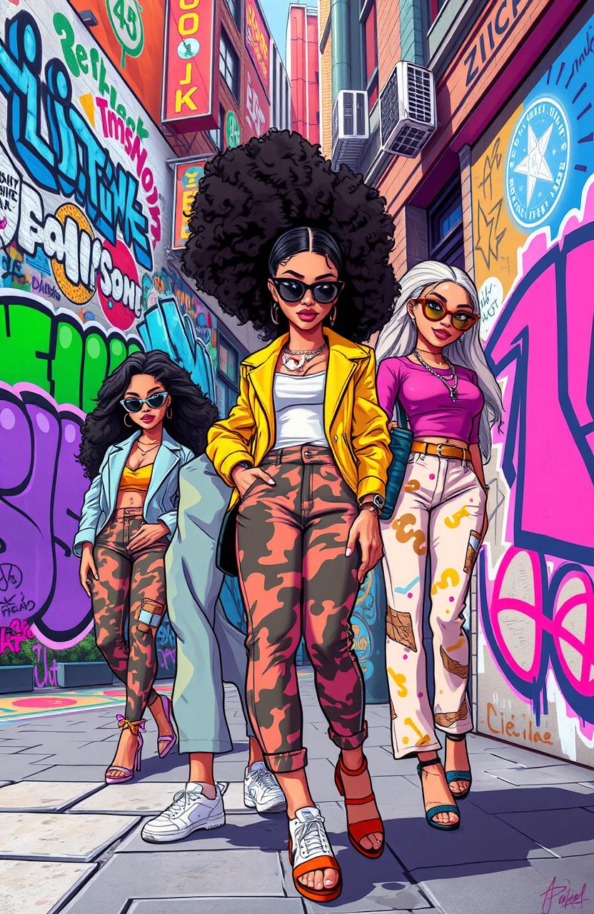 A vibrant street art scene featuring cartoon-style illustrations of fashionable young women from affluent backgrounds