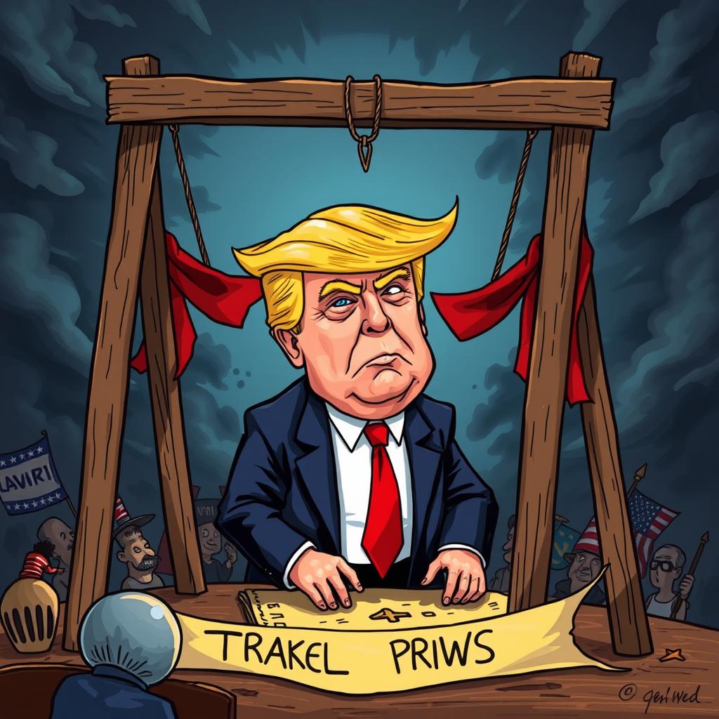 A dramatic and darkly satirical illustration featuring a stylized representation of Donald Trump in a fictional, cartoonish scenario involving a guillotine