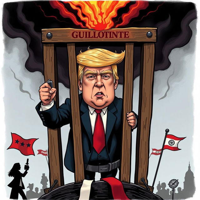 A dramatic and darkly satirical illustration featuring a stylized representation of Donald Trump in a fictional, cartoonish scenario involving a guillotine