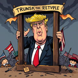 A dramatic and darkly satirical illustration featuring a stylized representation of Donald Trump in a fictional, cartoonish scenario involving a guillotine