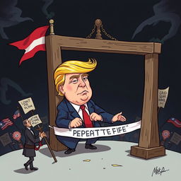 A dramatic and darkly satirical illustration featuring a stylized representation of Donald Trump in a fictional, cartoonish scenario involving a guillotine