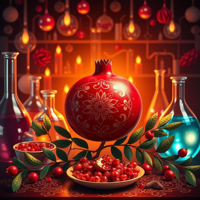 A vibrant Yalda Night scene featuring a beautifully arranged pomegranate, symbolizing abundance and fertility