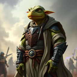 A tortle-elf hybrid character, standing in a serious battle stance