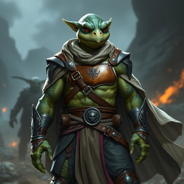 A tortle-elf hybrid character, standing in a serious battle stance