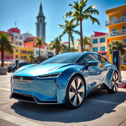 A sleek, modern electric car parked in an urban environment