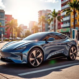 A sleek, modern electric car parked in an urban environment