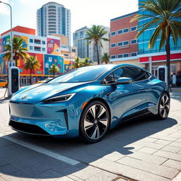 A sleek, modern electric car parked in an urban environment