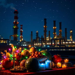 A vibrant celebration of Yalda Night set against the backdrop of an industrial oil refinery