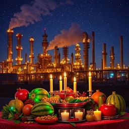 A vibrant celebration of Yalda Night set against the backdrop of an industrial oil refinery