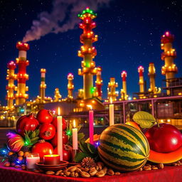 A vibrant celebration of Yalda Night set against the backdrop of an industrial oil refinery