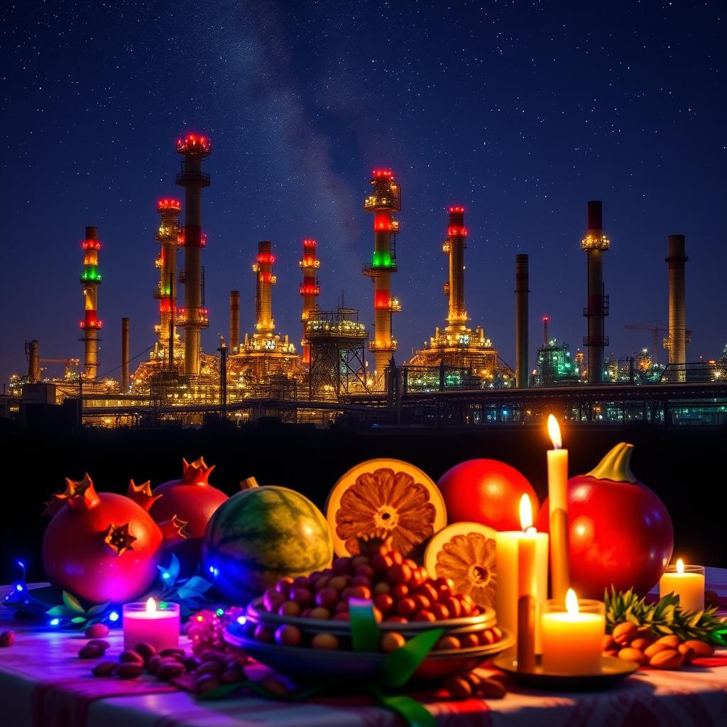 A vibrant celebration of Yalda Night set against the backdrop of an industrial oil refinery