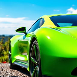 A sleek and modern electric Porsche car in a vibrant green color, parked comfortably in a scenic environment