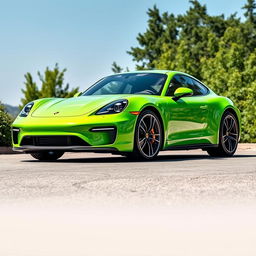 A sleek and modern electric Porsche car in a vibrant green color, parked comfortably in a scenic environment