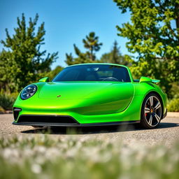 A sleek and modern electric Porsche car in a vibrant green color, parked comfortably in a scenic environment