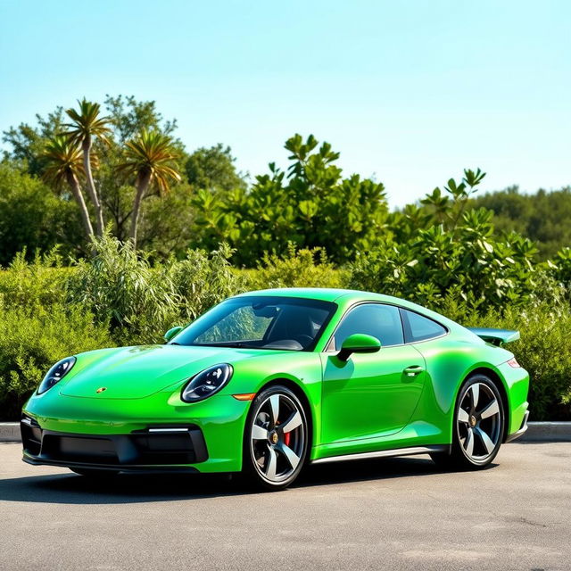 A sleek and modern electric Porsche car in a vibrant green color, parked comfortably in a scenic environment