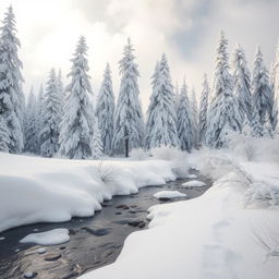 A stunning winter landscape blanketed in pure white snow, featuring tall, frosty pine trees covered in a thick layer of fresh snow