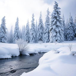 A stunning winter landscape blanketed in pure white snow, featuring tall, frosty pine trees covered in a thick layer of fresh snow