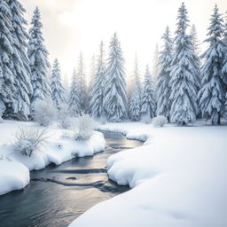 A stunning winter landscape blanketed in pure white snow, featuring tall, frosty pine trees covered in a thick layer of fresh snow