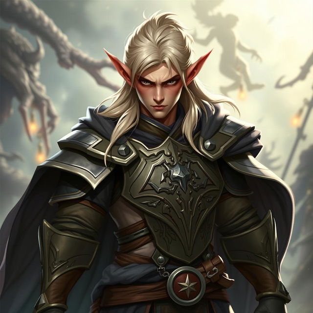 An elf character designed as a battle warlock, depicted in a serious battle stance