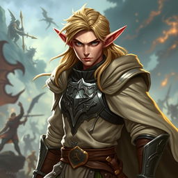 An elf character designed as a battle warlock, depicted in a serious battle stance