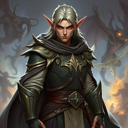An elf character designed as a battle warlock, depicted in a serious battle stance