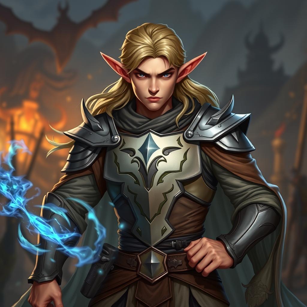 An elf character designed as a battle warlock, depicted in a serious battle stance