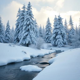 A stunning winter landscape blanketed in pure white snow, featuring tall, frosty pine trees covered in a thick layer of fresh snow