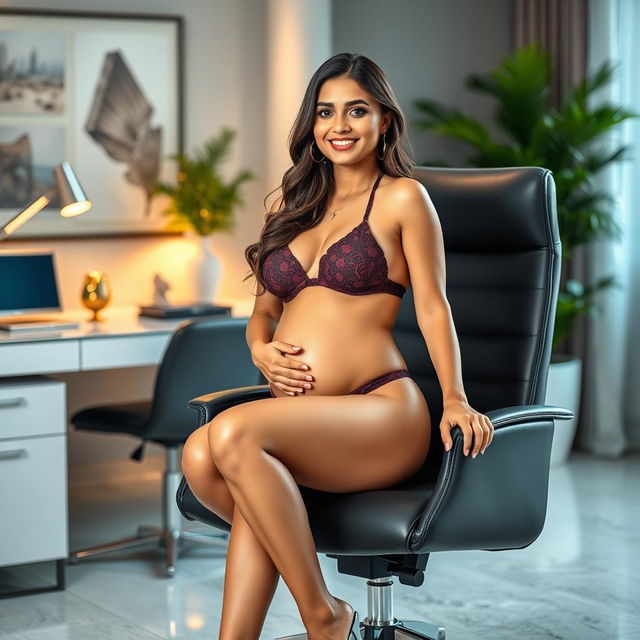 A stunning image of a Pakistani woman sitting elegantly on a modern office chair, wearing a stylish bikini that highlights her full belly and prominent breasts