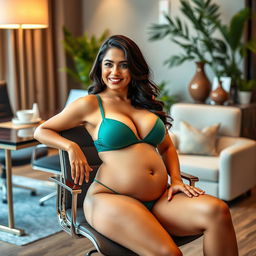 A stunning image of a Pakistani woman sitting elegantly on a modern office chair, wearing a stylish bikini that highlights her full belly and prominent breasts
