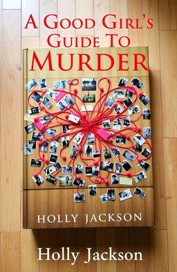 A captivating book cover for "A Good Girl's Guide To Murder" by Holly Jackson, featuring a detailed murder board spread out on a wooden floor