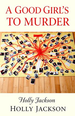 A captivating book cover for "A Good Girl's Guide To Murder" by Holly Jackson, featuring a detailed murder board spread out on a wooden floor