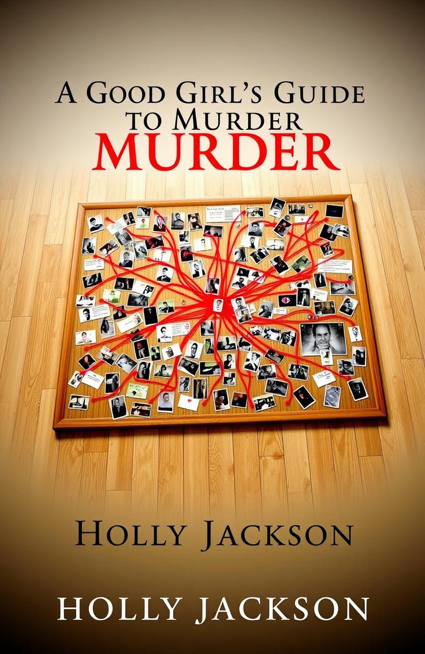 A captivating book cover for "A Good Girl's Guide To Murder" by Holly Jackson, featuring a detailed murder board spread out on a wooden floor