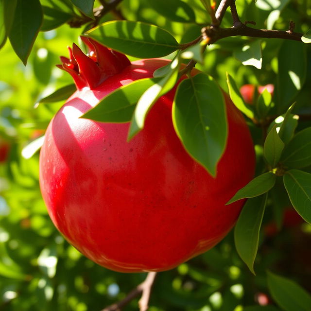 A close-up of a vibrant, ripe pomegranate from Shahreza, showcasing its bright red skin, detailed textures, and juicy seeds