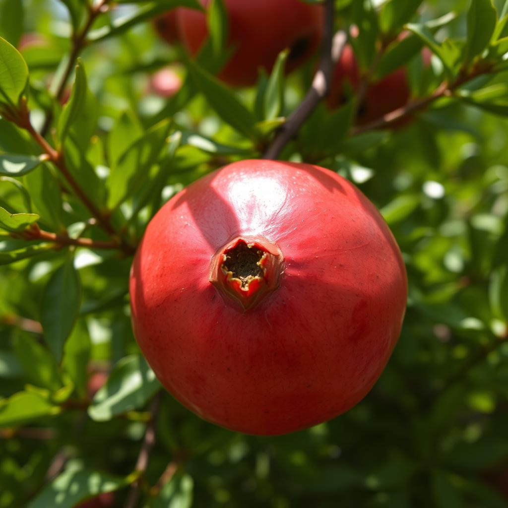 A close-up of a vibrant, ripe pomegranate from Shahreza, showcasing its bright red skin, detailed textures, and juicy seeds