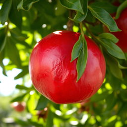 A close-up of a vibrant, ripe pomegranate from Shahreza, showcasing its bright red skin, detailed textures, and juicy seeds