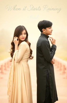 A boy and a girl standing back to back, facing opposite sides in a vibrant yet soft-toned scene