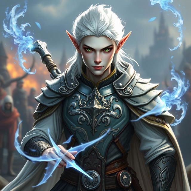 An elf character embodying the battle warlock class, depicted in a serious battle stance