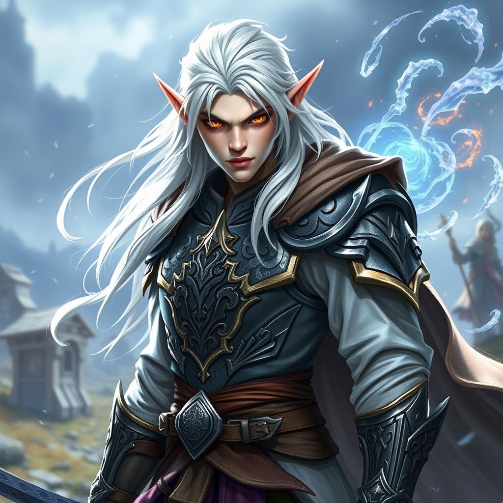 An elf character embodying the battle warlock class, depicted in a serious battle stance