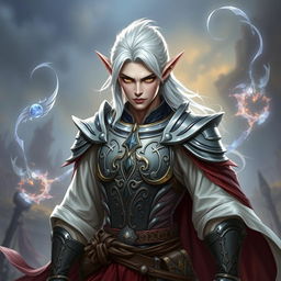 An elf character embodying the battle warlock class, depicted in a serious battle stance