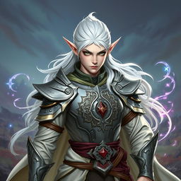 An elf character embodying the battle warlock class, depicted in a serious battle stance