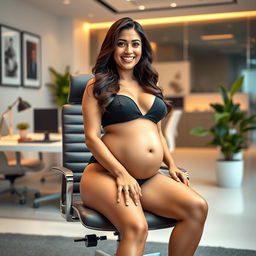 A striking image of Yami Gautam sitting confidently on a modern office chair, dressed in a stylish bikini that highlights her big belly and ample breasts