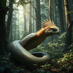A surreal creature in a dense forest, combining features of an eagle and a snake