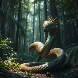 A surreal creature in a dense forest, combining features of an eagle and a snake